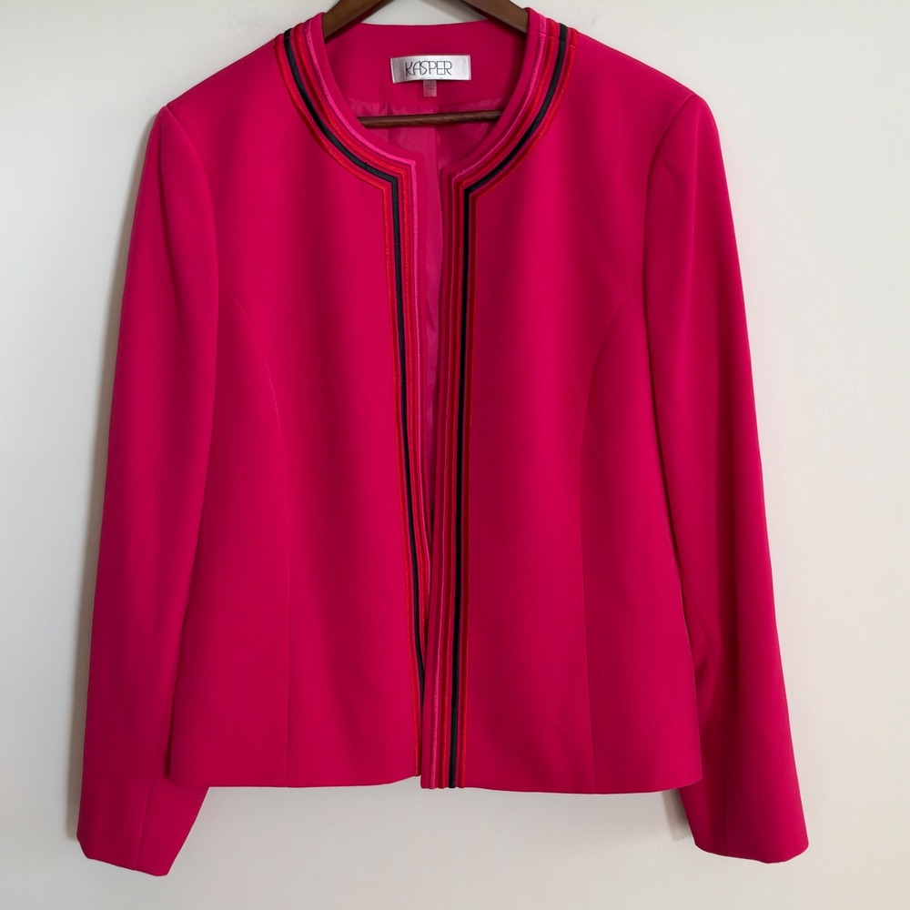 Kasper Womens Hot Pink Open Front Blazer Jacket Multi Color Trim Size 18 Career